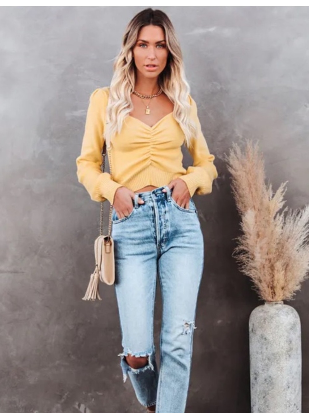 Vici aimee butter yellow sweetheart ruched sweater top bell sleeves amy cropped